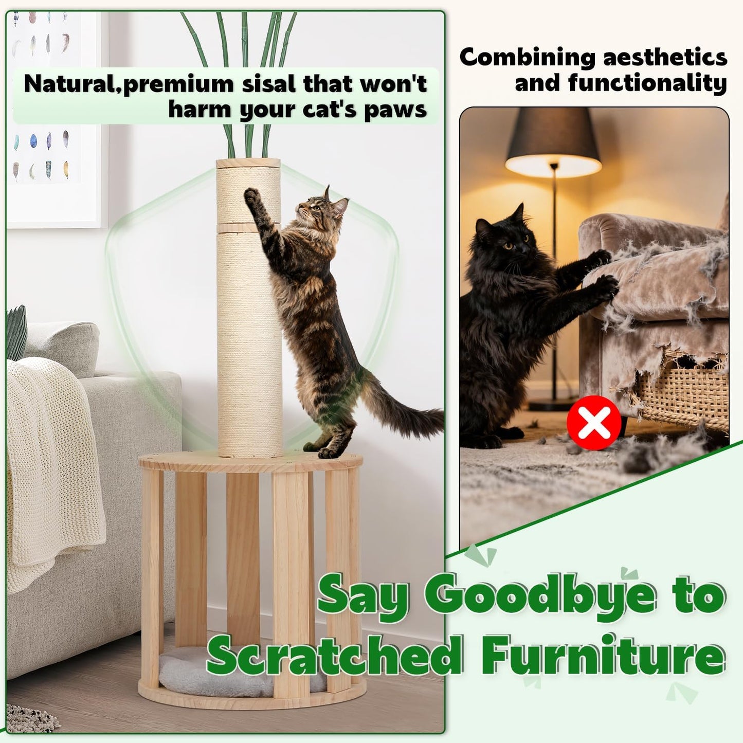 82.7'' Tall Modern Cat Tree for Indoor Cats,Artificial Areca Palm Tree Cat Tower with Solid Wood Cat Bed,Nature Sisal Scratching Post,Removable Mat,Aesthetic Cat Activity Center for Small Medium Cats