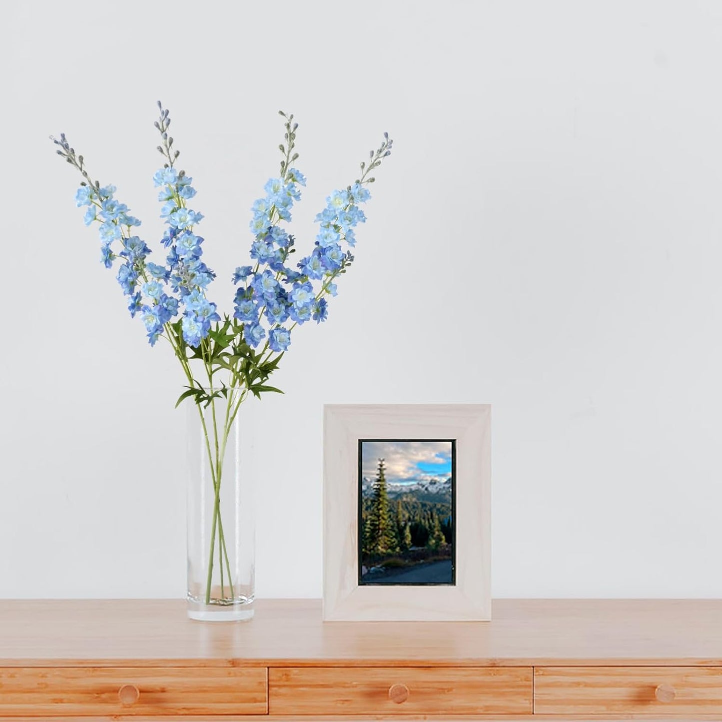 4PCS Light Blue Delphinium Artificial Flower 33.5'' Long Larkspur Stem Plant Floral Silk Flowers Faux Bouquets for Tall Floor Vase Home Garden Outdoor Wedding Arrangement Decor (H005-FYC)