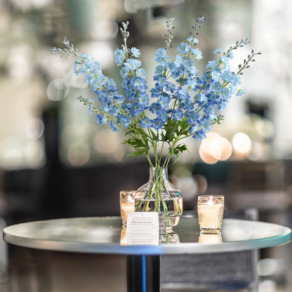 4PCS Light Blue Delphinium Artificial Flower 33.5'' Long Larkspur Stem Plant Floral Silk Flowers Faux Bouquets for Tall Floor Vase Home Garden Outdoor Wedding Arrangement Decor (H005-FYC)