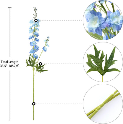 4PCS Light Blue Delphinium Artificial Flower 33.5'' Long Larkspur Stem Plant Floral Silk Flowers Faux Bouquets for Tall Floor Vase Home Garden Outdoor Wedding Arrangement Decor (H005-FYC)