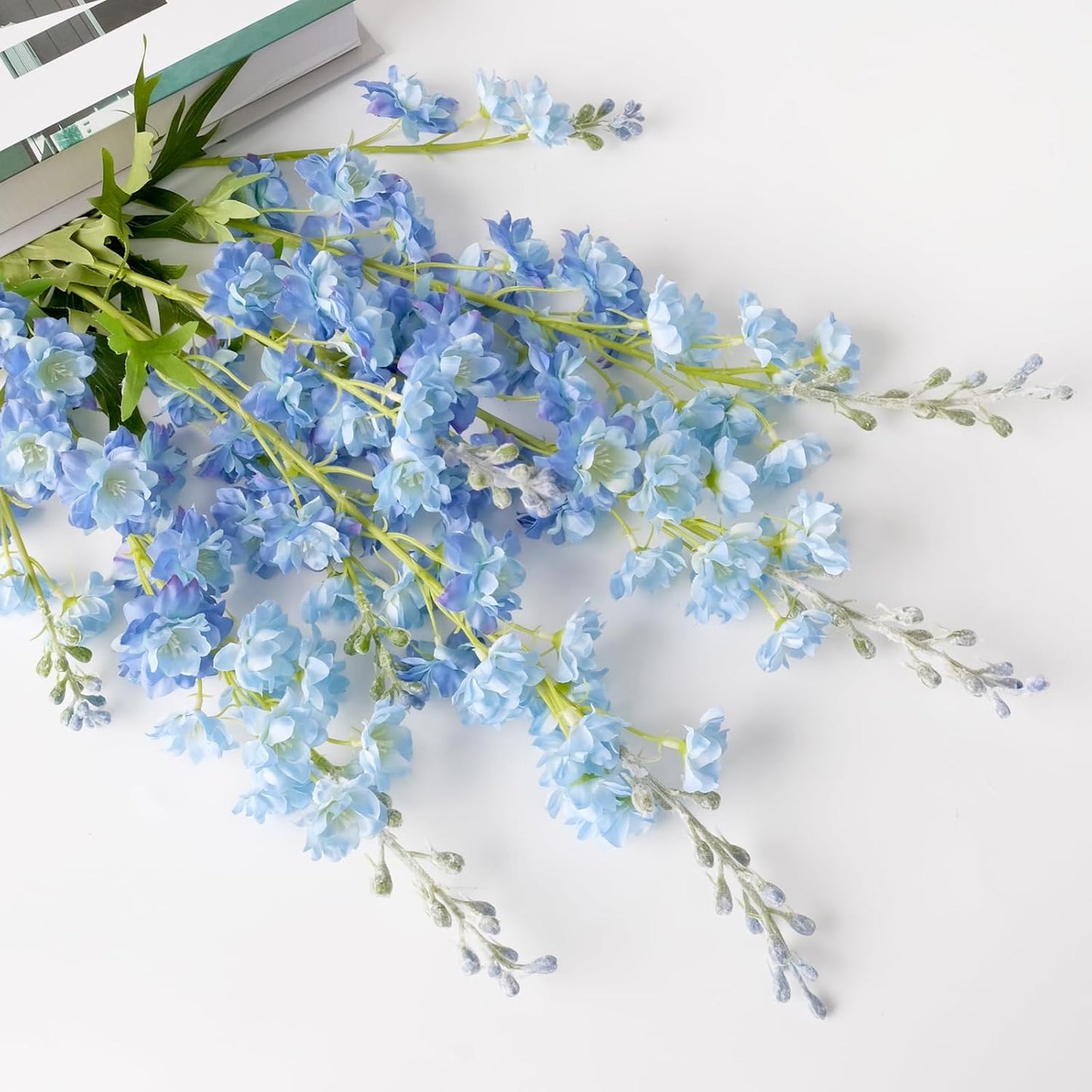 4PCS Light Blue Delphinium Artificial Flower 33.5'' Long Larkspur Stem Plant Floral Silk Flowers Faux Bouquets for Tall Floor Vase Home Garden Outdoor Wedding Arrangement Decor (H005-FYC)