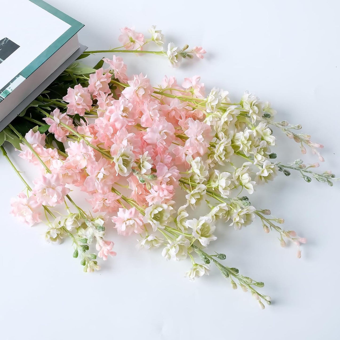 4PCS Light Blue Delphinium Artificial Flower 33.5'' Long Larkspur Stem Plant Floral Silk Flowers Faux Bouquets for Tall Floor Vase Home Garden Outdoor Wedding Arrangement Decor (H005-FYC)