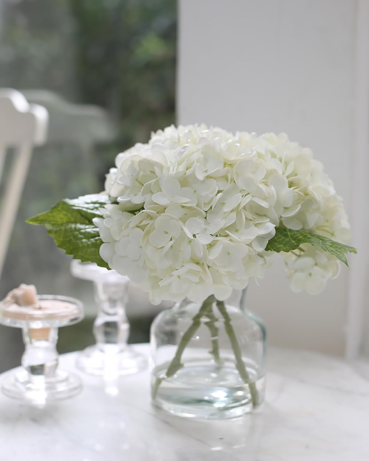 Real Touch Artificial Flowers White Hydrangea in Vase for Home Decoration | Fake Flowers Centerpieces for Tables, Lifelike Fake Hydrangea in Vase for Bathroom, Office and Home Bar
