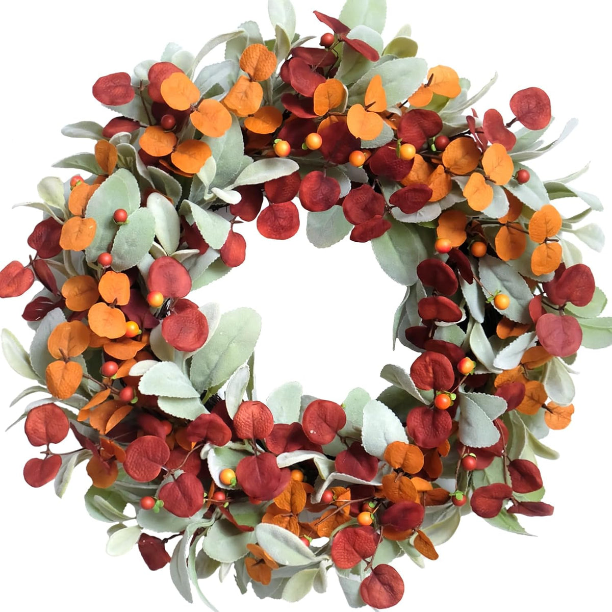 22 inch Fall Wreath Artificial Green and Orange Wreaths for Front Door with Lamb's Leaves Eucalyptus Leaves Berries Wreath for Indoor Outdoor Porch Thanksgiving Harvest Celebration