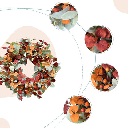 22 inch Fall Wreath Artificial Green and Orange Wreaths for Front Door with Lamb's Leaves Eucalyptus Leaves Berries Wreath for Indoor Outdoor Porch Thanksgiving Harvest Celebration
