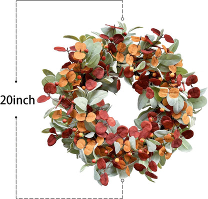 22 inch Fall Wreath Artificial Green and Orange Wreaths for Front Door with Lamb's Leaves Eucalyptus Leaves Berries Wreath for Indoor Outdoor Porch Thanksgiving Harvest Celebration