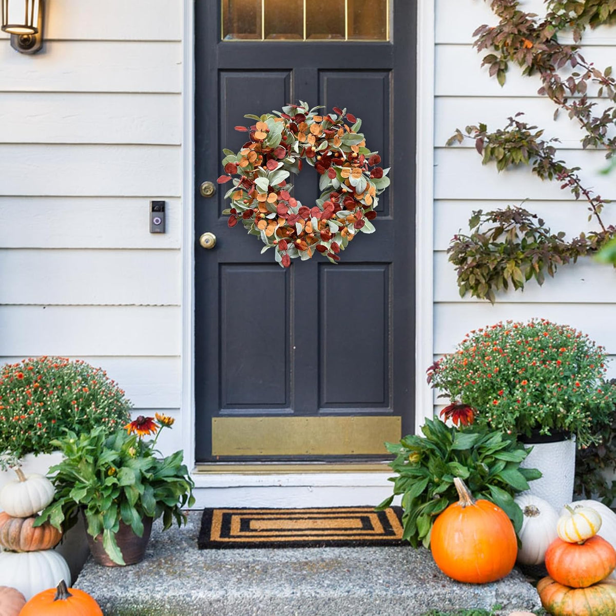 22 inch Fall Wreath Artificial Green and Orange Wreaths for Front Door with Lamb's Leaves Eucalyptus Leaves Berries Wreath for Indoor Outdoor Porch Thanksgiving Harvest Celebration