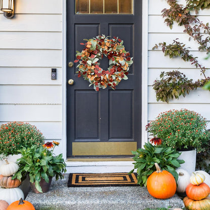 22 inch Fall Wreath Artificial Green and Orange Wreaths for Front Door with Lamb's Leaves Eucalyptus Leaves Berries Wreath for Indoor Outdoor Porch Thanksgiving Harvest Celebration