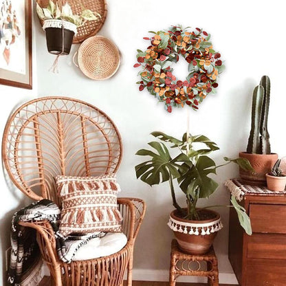 22 inch Fall Wreath Artificial Green and Orange Wreaths for Front Door with Lamb's Leaves Eucalyptus Leaves Berries Wreath for Indoor Outdoor Porch Thanksgiving Harvest Celebration