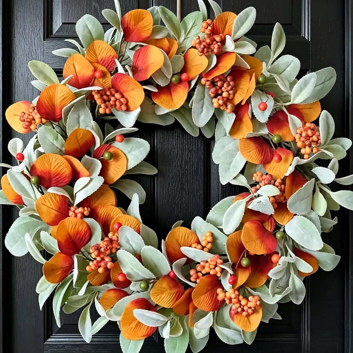 22 inch Fall Wreath Artificial Green and Orange Wreaths for Front Door with Lamb's Leaves Eucalyptus Leaves Berries Wreath for Indoor Outdoor Porch Thanksgiving Harvest Celebration