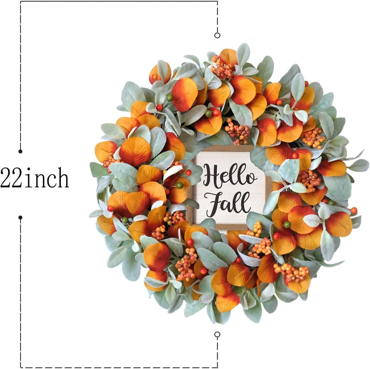 22 inch Fall Wreath Artificial Green and Orange Wreaths for Front Door with Lamb's Leaves Eucalyptus Leaves Berries Wreath for Indoor Outdoor Porch Thanksgiving Harvest Celebration
