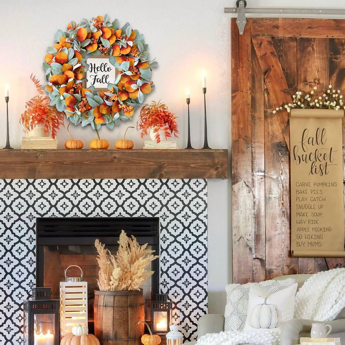 22 inch Fall Wreath Artificial Green and Orange Wreaths for Front Door with Lamb's Leaves Eucalyptus Leaves Berries Wreath for Indoor Outdoor Porch Thanksgiving Harvest Celebration