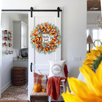 22 inch Fall Wreath Artificial Green and Orange Wreaths for Front Door with Lamb's Leaves Eucalyptus Leaves Berries Wreath for Indoor Outdoor Porch Thanksgiving Harvest Celebration
