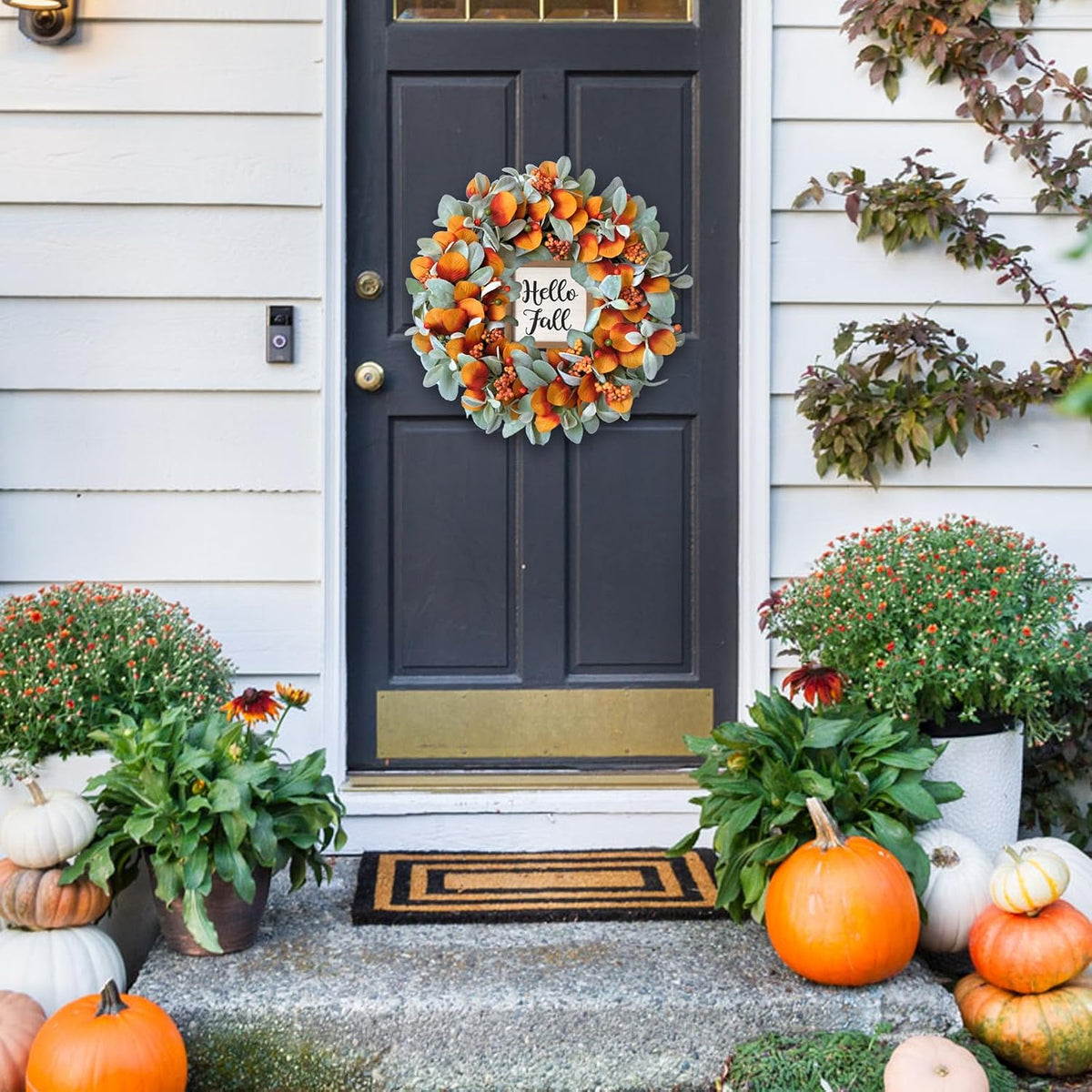 22 inch Fall Wreath Artificial Green and Orange Wreaths for Front Door with Lamb's Leaves Eucalyptus Leaves Berries Wreath for Indoor Outdoor Porch Thanksgiving Harvest Celebration
