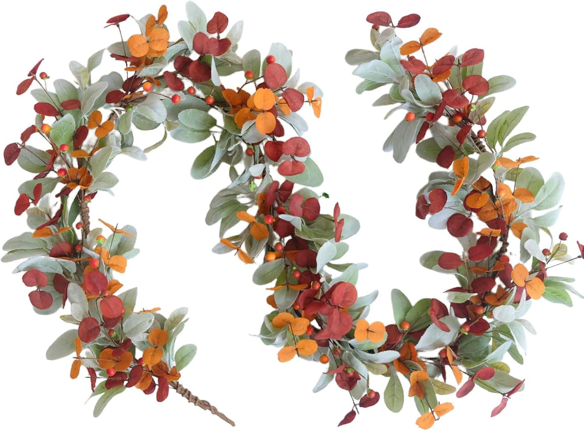 22 inch Fall Wreath Artificial Green and Orange Wreaths for Front Door with Lamb's Leaves Eucalyptus Leaves Berries Wreath for Indoor Outdoor Porch Thanksgiving Harvest Celebration
