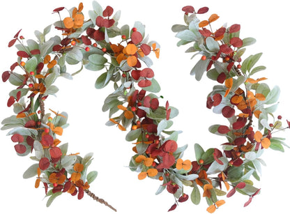 22 inch Fall Wreath Artificial Green and Orange Wreaths for Front Door with Lamb's Leaves Eucalyptus Leaves Berries Wreath for Indoor Outdoor Porch Thanksgiving Harvest Celebration