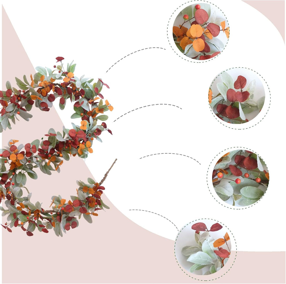 22 inch Fall Wreath Artificial Green and Orange Wreaths for Front Door with Lamb's Leaves Eucalyptus Leaves Berries Wreath for Indoor Outdoor Porch Thanksgiving Harvest Celebration