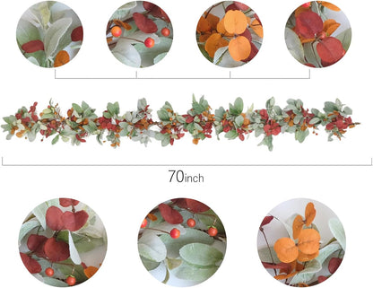 22 inch Fall Wreath Artificial Green and Orange Wreaths for Front Door with Lamb's Leaves Eucalyptus Leaves Berries Wreath for Indoor Outdoor Porch Thanksgiving Harvest Celebration