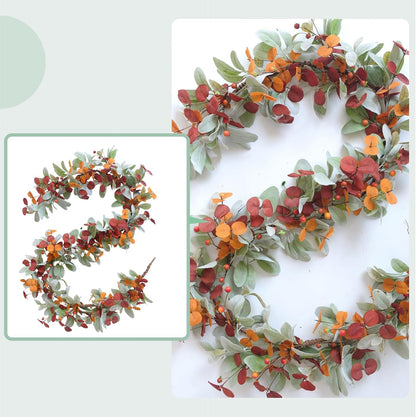 22 inch Fall Wreath Artificial Green and Orange Wreaths for Front Door with Lamb's Leaves Eucalyptus Leaves Berries Wreath for Indoor Outdoor Porch Thanksgiving Harvest Celebration