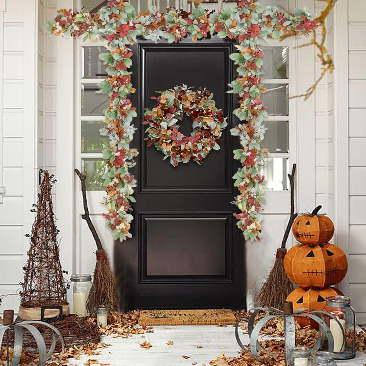 22 inch Fall Wreath Artificial Green and Orange Wreaths for Front Door with Lamb's Leaves Eucalyptus Leaves Berries Wreath for Indoor Outdoor Porch Thanksgiving Harvest Celebration