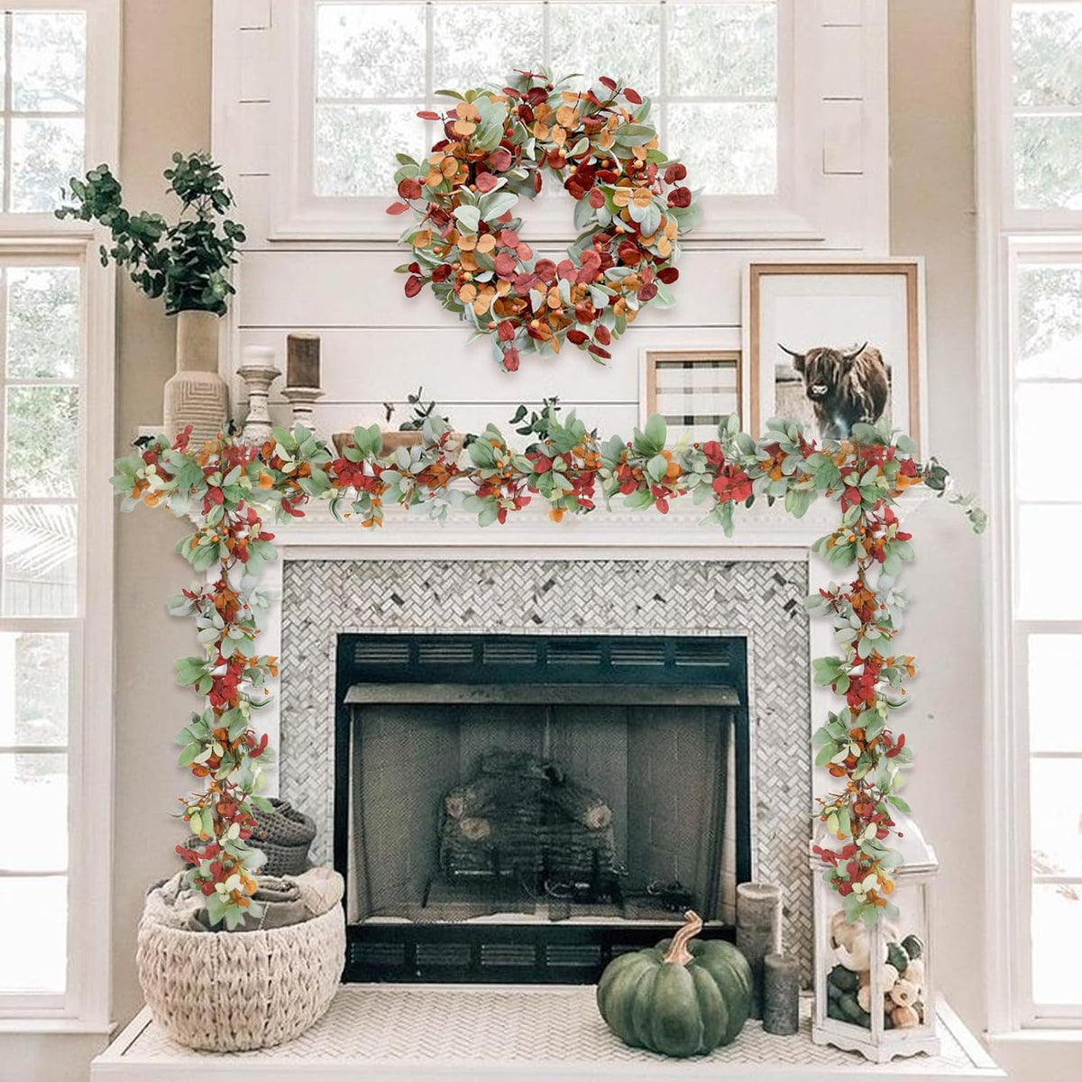 22 inch Fall Wreath Artificial Green and Orange Wreaths for Front Door with Lamb's Leaves Eucalyptus Leaves Berries Wreath for Indoor Outdoor Porch Thanksgiving Harvest Celebration