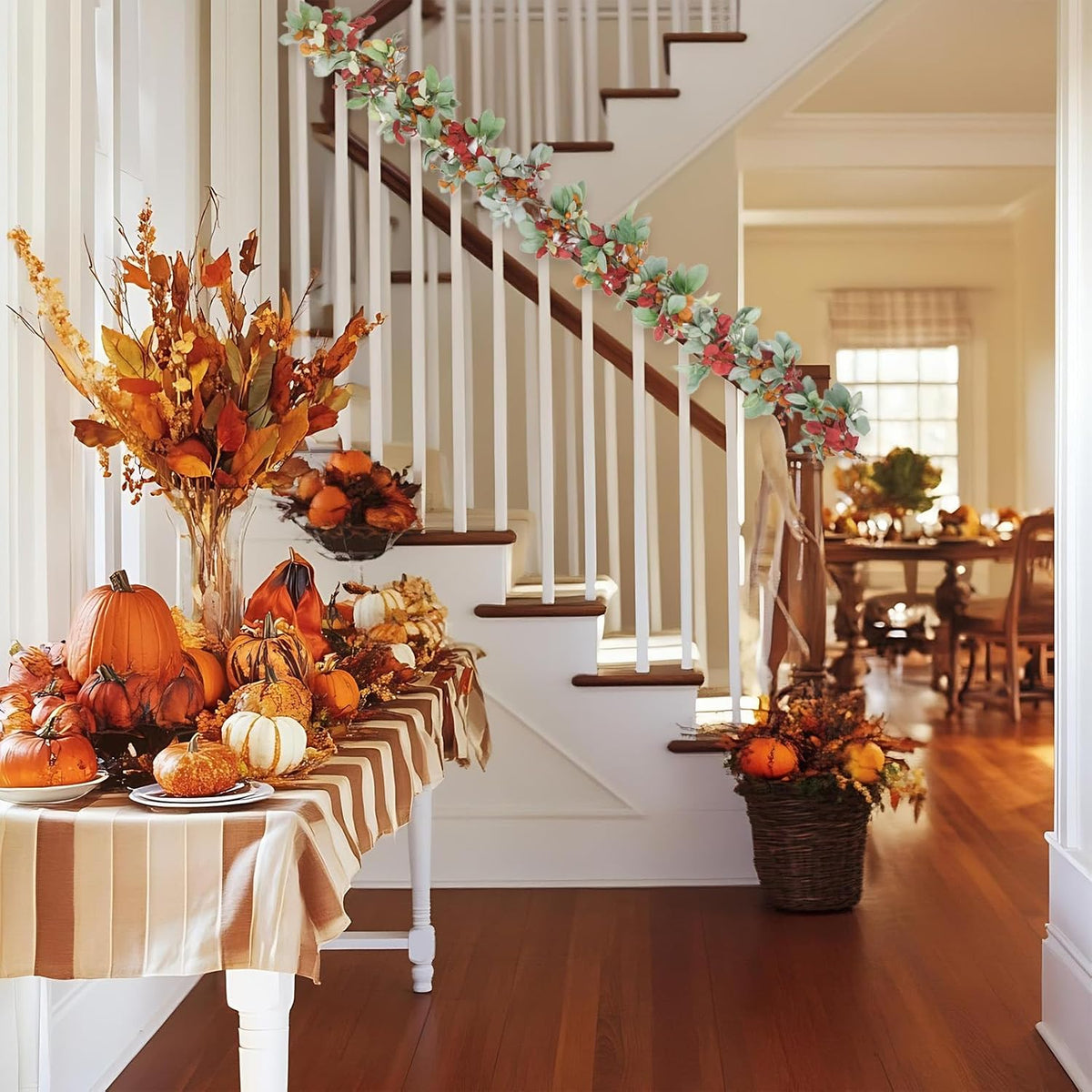 22 inch Fall Wreath Artificial Green and Orange Wreaths for Front Door with Lamb's Leaves Eucalyptus Leaves Berries Wreath for Indoor Outdoor Porch Thanksgiving Harvest Celebration