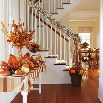 22 inch Fall Wreath Artificial Green and Orange Wreaths for Front Door with Lamb's Leaves Eucalyptus Leaves Berries Wreath for Indoor Outdoor Porch Thanksgiving Harvest Celebration
