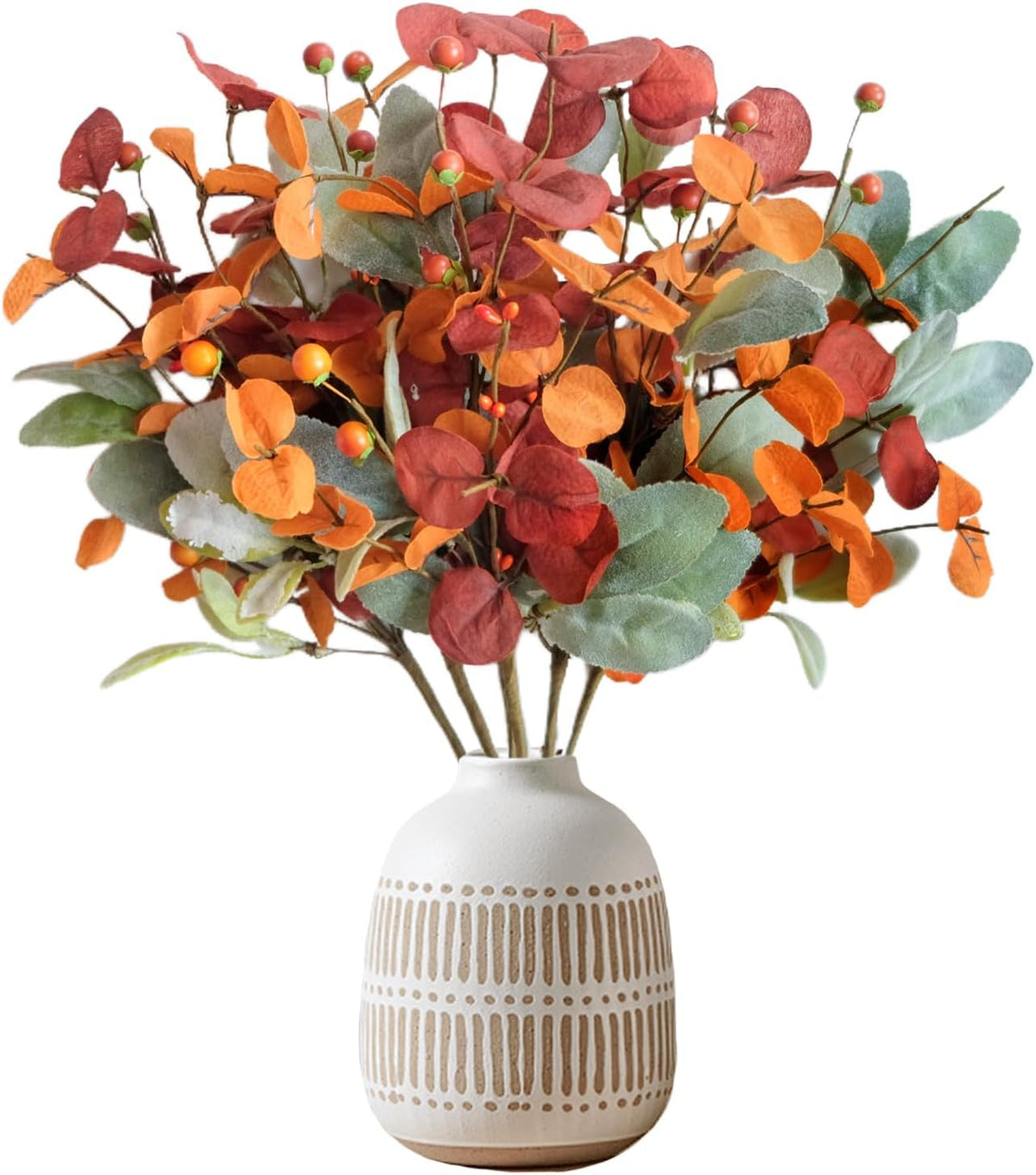 22 inch Fall Wreath Artificial Green and Orange Wreaths for Front Door with Lamb's Leaves Eucalyptus Leaves Berries Wreath for Indoor Outdoor Porch Thanksgiving Harvest Celebration