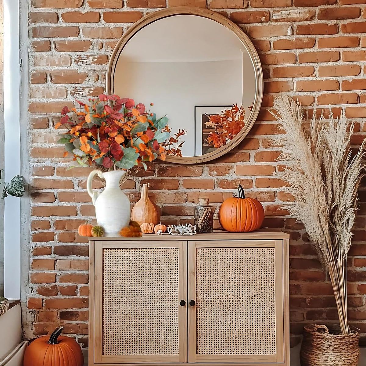 22 inch Fall Wreath Artificial Green and Orange Wreaths for Front Door with Lamb's Leaves Eucalyptus Leaves Berries Wreath for Indoor Outdoor Porch Thanksgiving Harvest Celebration
