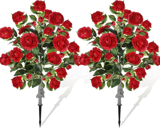 2 Pack 3ft Artificial Camellia Plants Tree 36" Faux Camellia Flower with Spike UV Resistant Realistic Fake Floral Blooming Bush for Indoor Outdoor Front Door Porch Backyard Garden, White
