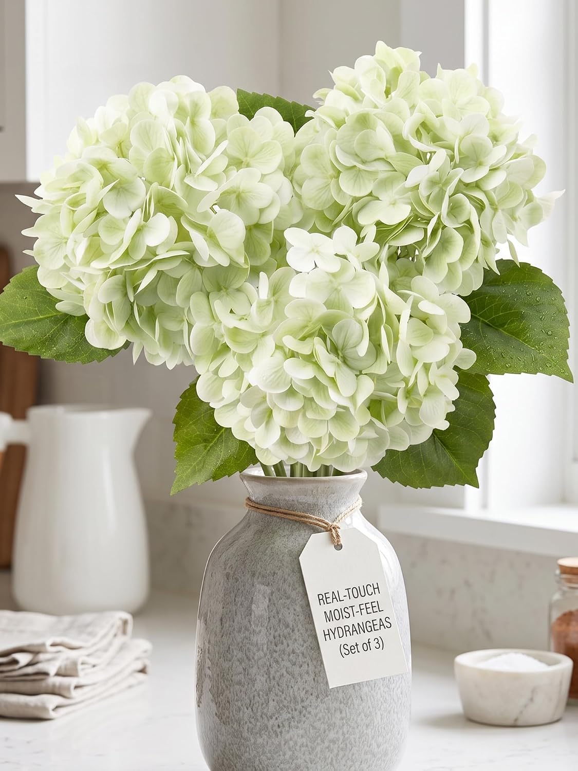 3 Pcs Real Touch Light Green Hydrangea Artificial Flowers - 19.68" Large 3D Waterproof Latex Green Faux Fake Hydrangeas with Stem for Outdoor, Wedding, Table Centerpieces, Home Kitchen Decor