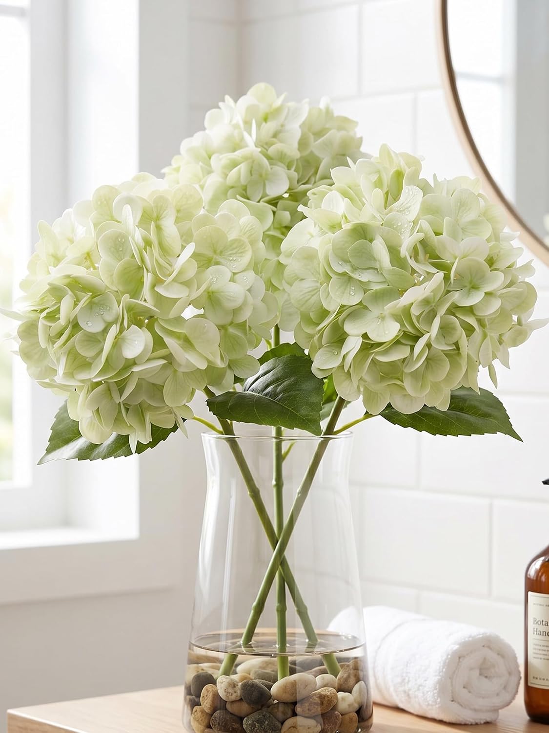 3 Pcs Real Touch Light Green Hydrangea Artificial Flowers - 19.68" Large 3D Waterproof Latex Green Faux Fake Hydrangeas with Stem for Outdoor, Wedding, Table Centerpieces, Home Kitchen Decor