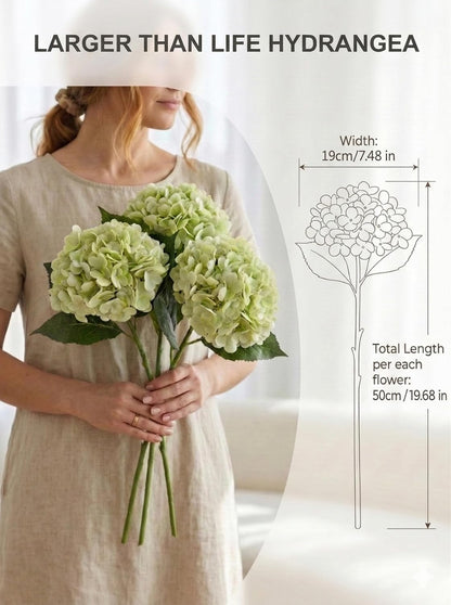 3 Pcs Real Touch Light Green Hydrangea Artificial Flowers - 19.68" Large 3D Waterproof Latex Green Faux Fake Hydrangeas with Stem for Outdoor, Wedding, Table Centerpieces, Home Kitchen Decor