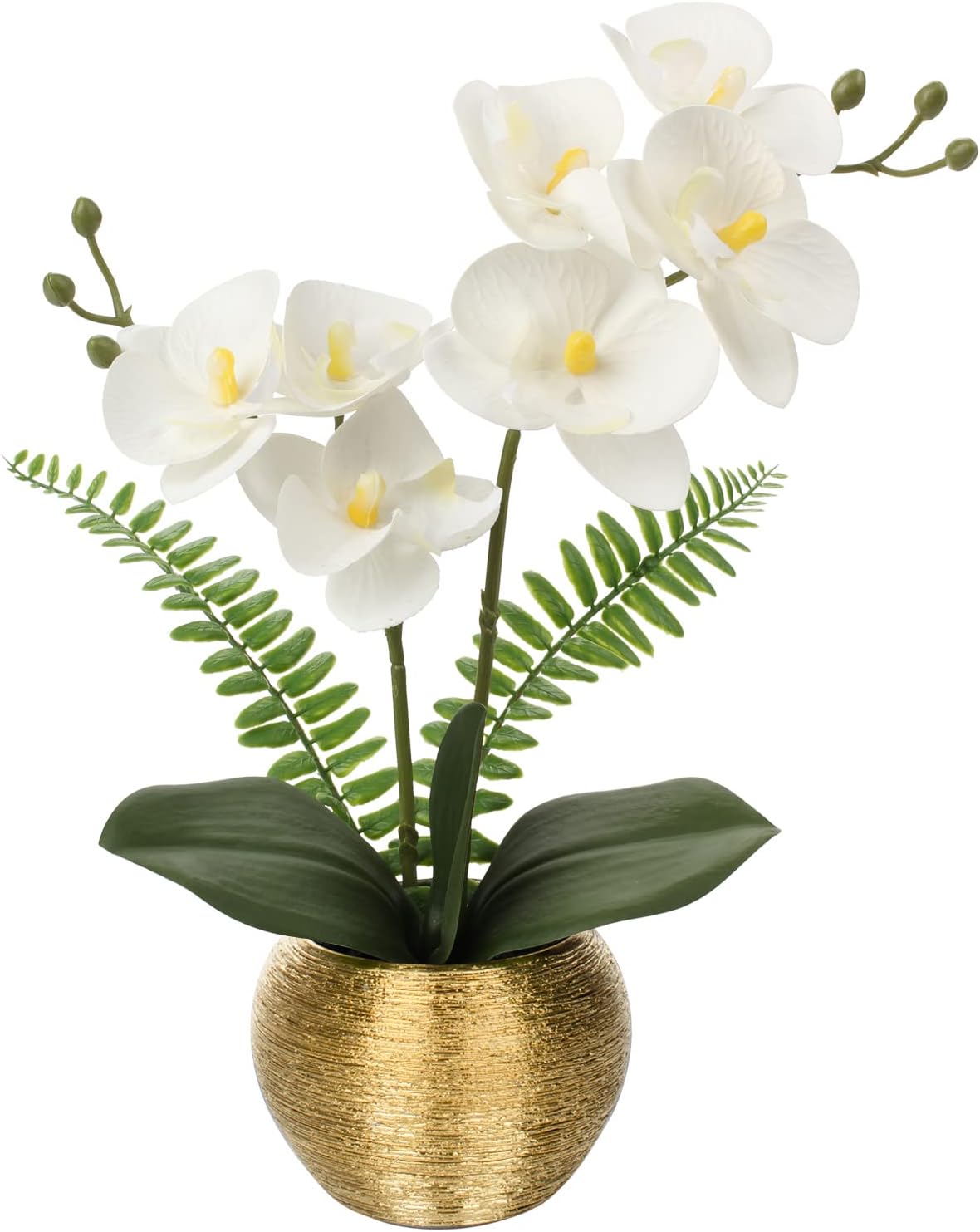 Artificial Orchid Flowers in Gold Ceramic Pot, 13" Small White Faux Phalaenopsis Orchid Floral Arrangement Fake Silk Orchid for Bathroom Vanity Office Desk Shelf Nightstand Home Table Decor