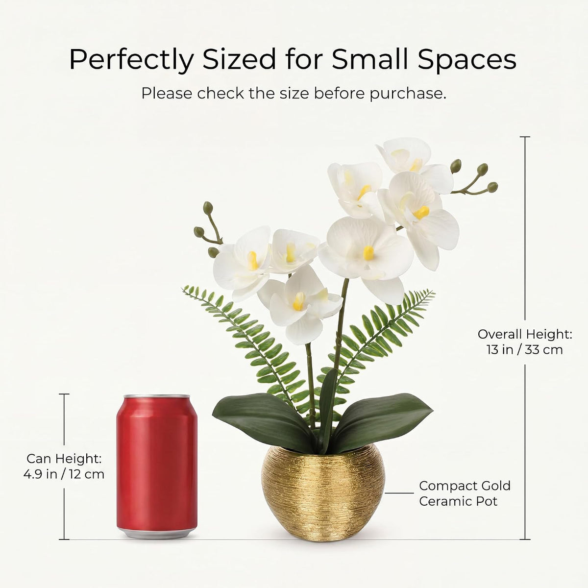 Artificial Orchid Flowers in Gold Ceramic Pot, 13" Small White Faux Phalaenopsis Orchid Floral Arrangement Fake Silk Orchid for Bathroom Vanity Office Desk Shelf Nightstand Home Table Decor