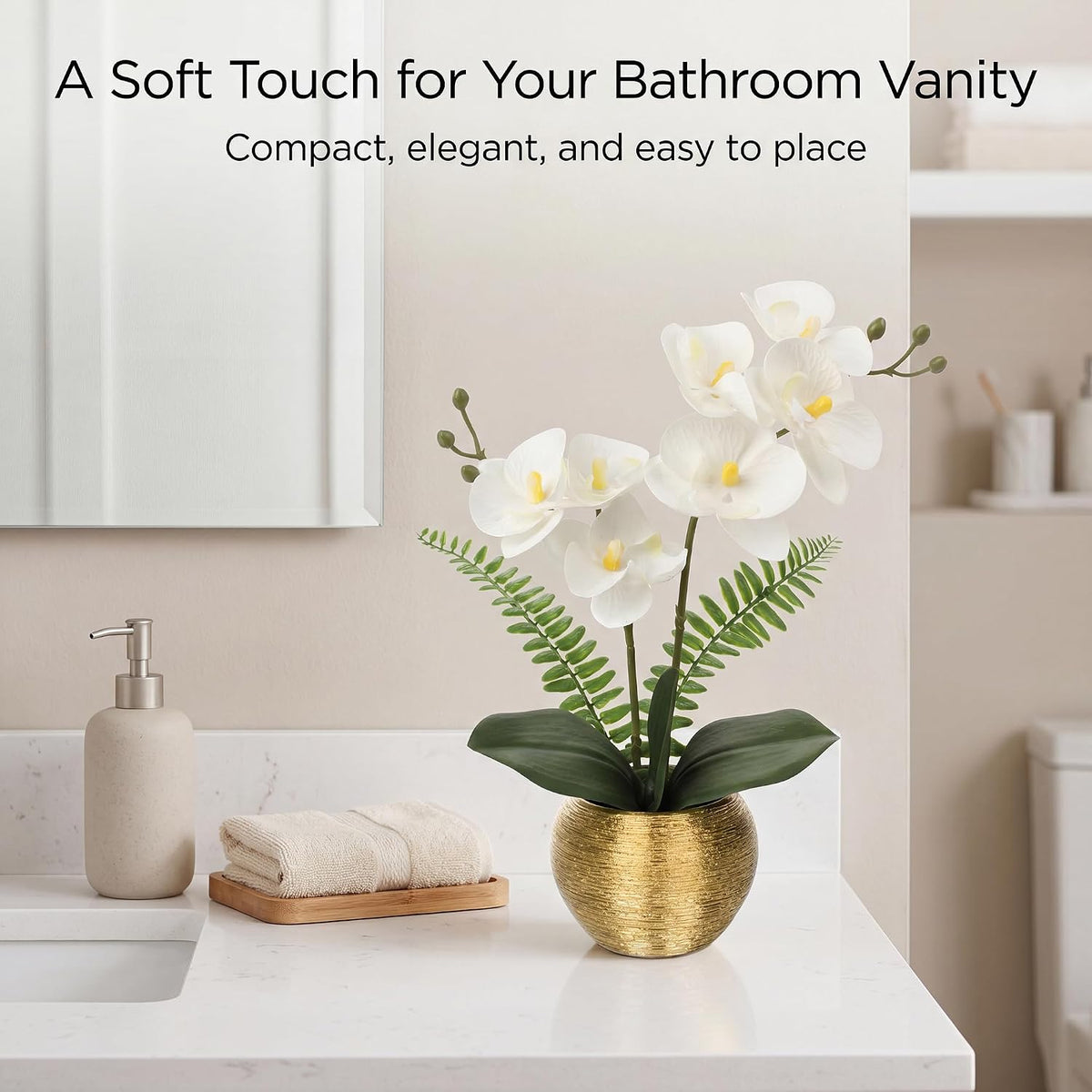 Artificial Orchid Flowers in Gold Ceramic Pot, 13" Small White Faux Phalaenopsis Orchid Floral Arrangement Fake Silk Orchid for Bathroom Vanity Office Desk Shelf Nightstand Home Table Decor