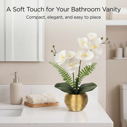 Artificial Orchid Flowers in Gold Ceramic Pot, 13" Small White Faux Phalaenopsis Orchid Floral Arrangement Fake Silk Orchid for Bathroom Vanity Office Desk Shelf Nightstand Home Table Decor