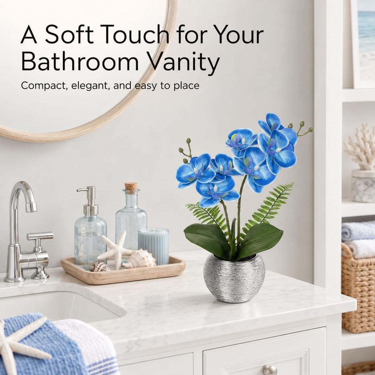 Artificial Orchid Flowers in Gold Ceramic Pot, 13" Small White Faux Phalaenopsis Orchid Floral Arrangement Fake Silk Orchid for Bathroom Vanity Office Desk Shelf Nightstand Home Table Decor
