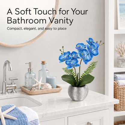 Artificial Orchid Flowers in Gold Ceramic Pot, 13" Small White Faux Phalaenopsis Orchid Floral Arrangement Fake Silk Orchid for Bathroom Vanity Office Desk Shelf Nightstand Home Table Decor