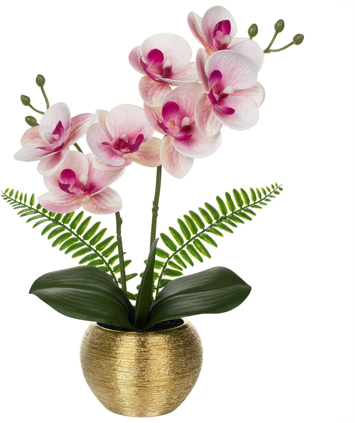 Artificial Orchid Flowers in Gold Ceramic Pot, 13" Small White Faux Phalaenopsis Orchid Floral Arrangement Fake Silk Orchid for Bathroom Vanity Office Desk Shelf Nightstand Home Table Decor