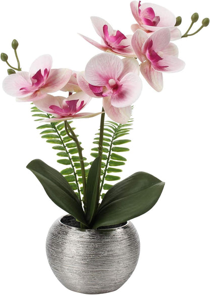 Artificial Orchid Flowers in Gold Ceramic Pot, 13" Small White Faux Phalaenopsis Orchid Floral Arrangement Fake Silk Orchid for Bathroom Vanity Office Desk Shelf Nightstand Home Table Decor