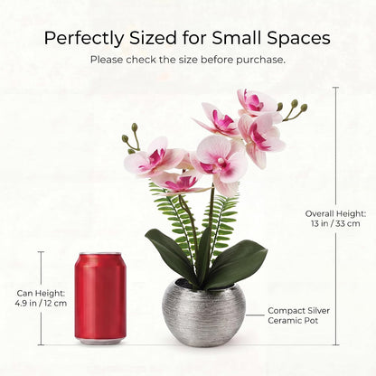 Artificial Orchid Flowers in Gold Ceramic Pot, 13" Small White Faux Phalaenopsis Orchid Floral Arrangement Fake Silk Orchid for Bathroom Vanity Office Desk Shelf Nightstand Home Table Decor