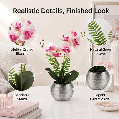 Artificial Orchid Flowers in Gold Ceramic Pot, 13" Small White Faux Phalaenopsis Orchid Floral Arrangement Fake Silk Orchid for Bathroom Vanity Office Desk Shelf Nightstand Home Table Decor