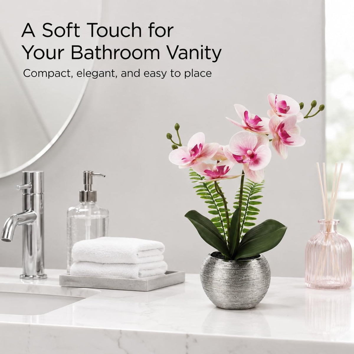 Artificial Orchid Flowers in Gold Ceramic Pot, 13" Small White Faux Phalaenopsis Orchid Floral Arrangement Fake Silk Orchid for Bathroom Vanity Office Desk Shelf Nightstand Home Table Decor