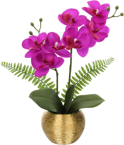 Artificial Orchid Flowers in Gold Ceramic Pot, 13" Small White Faux Phalaenopsis Orchid Floral Arrangement Fake Silk Orchid for Bathroom Vanity Office Desk Shelf Nightstand Home Table Decor