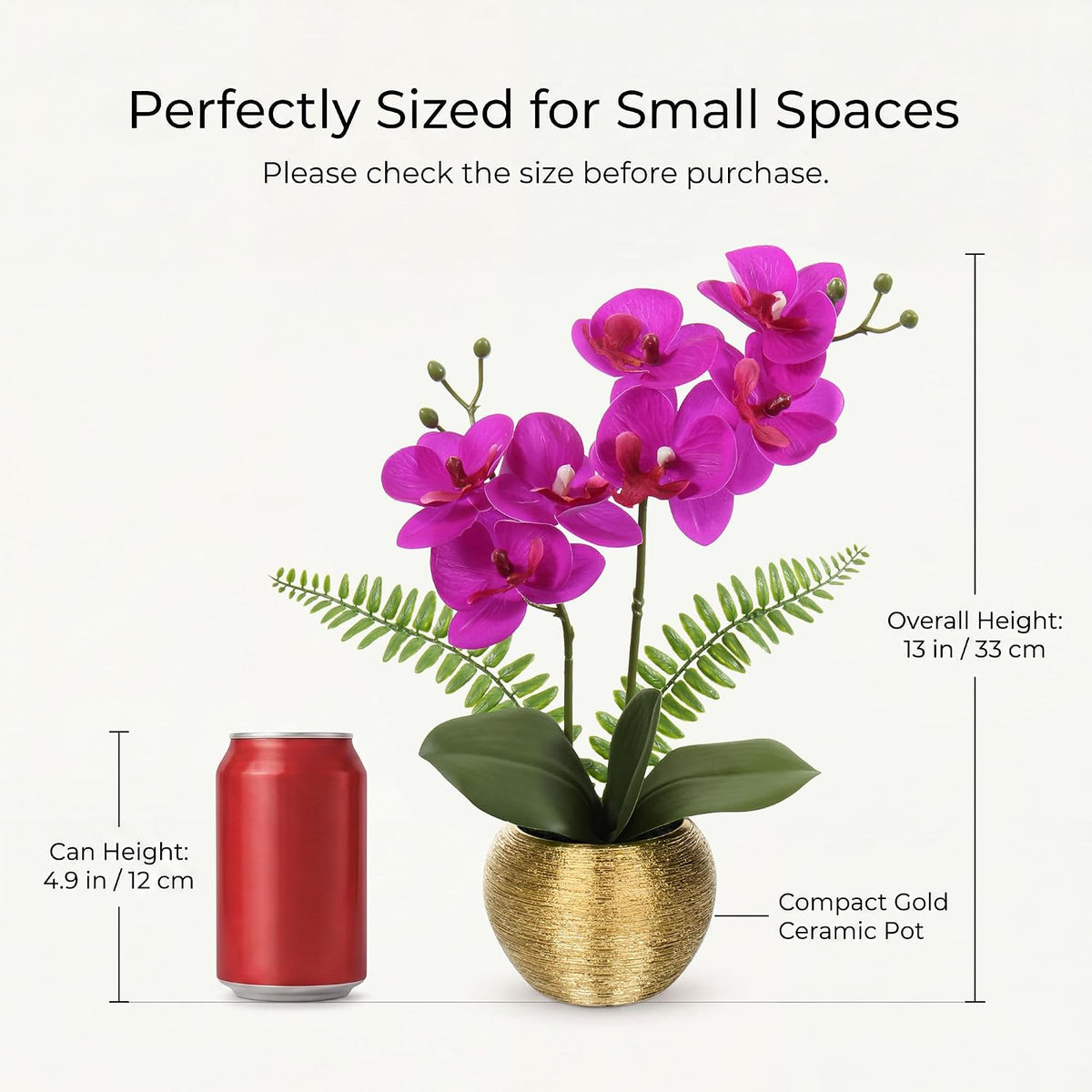 Artificial Orchid Flowers in Gold Ceramic Pot, 13" Small White Faux Phalaenopsis Orchid Floral Arrangement Fake Silk Orchid for Bathroom Vanity Office Desk Shelf Nightstand Home Table Decor