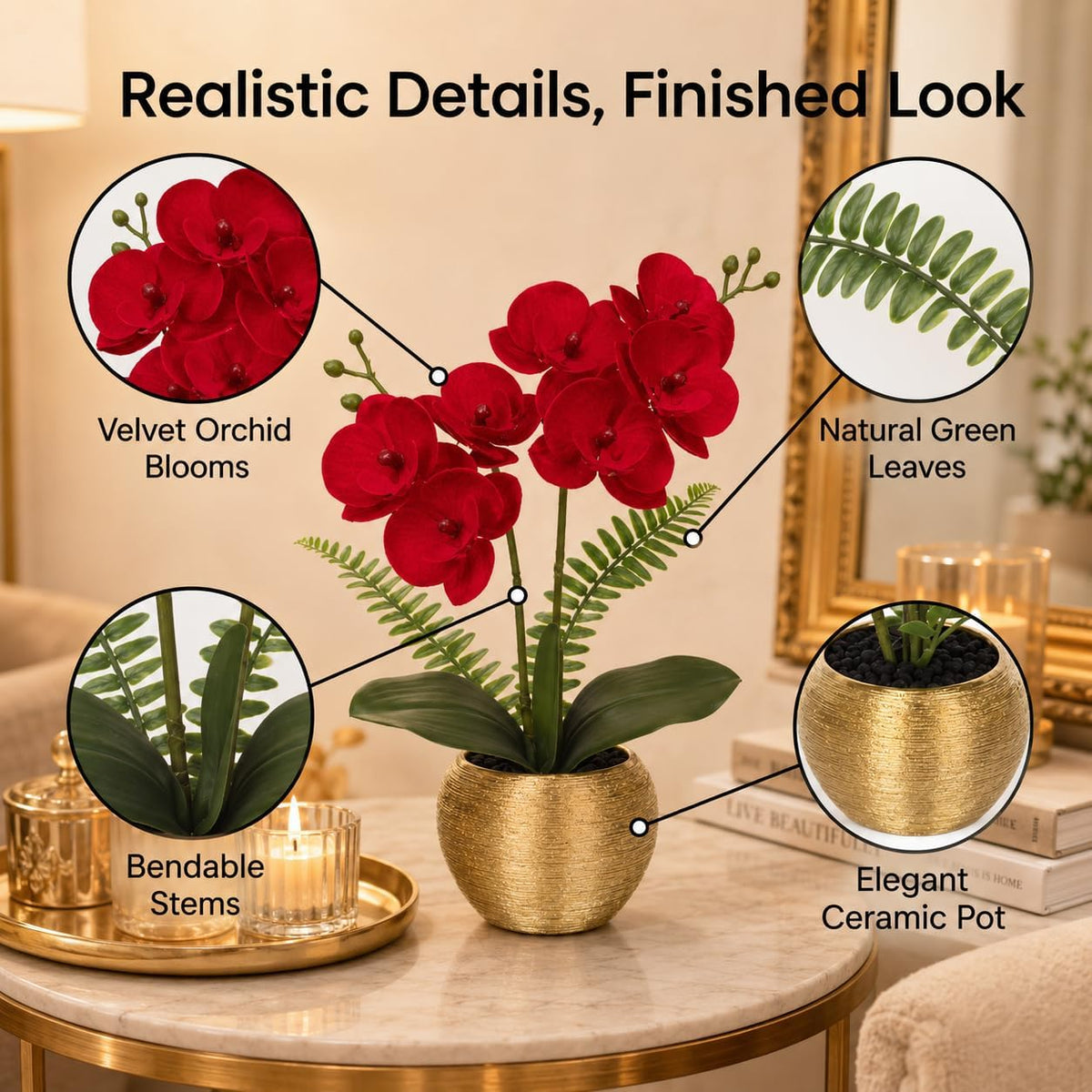 Artificial Orchid Flowers in Gold Ceramic Pot, 13" Small White Faux Phalaenopsis Orchid Floral Arrangement Fake Silk Orchid for Bathroom Vanity Office Desk Shelf Nightstand Home Table Decor