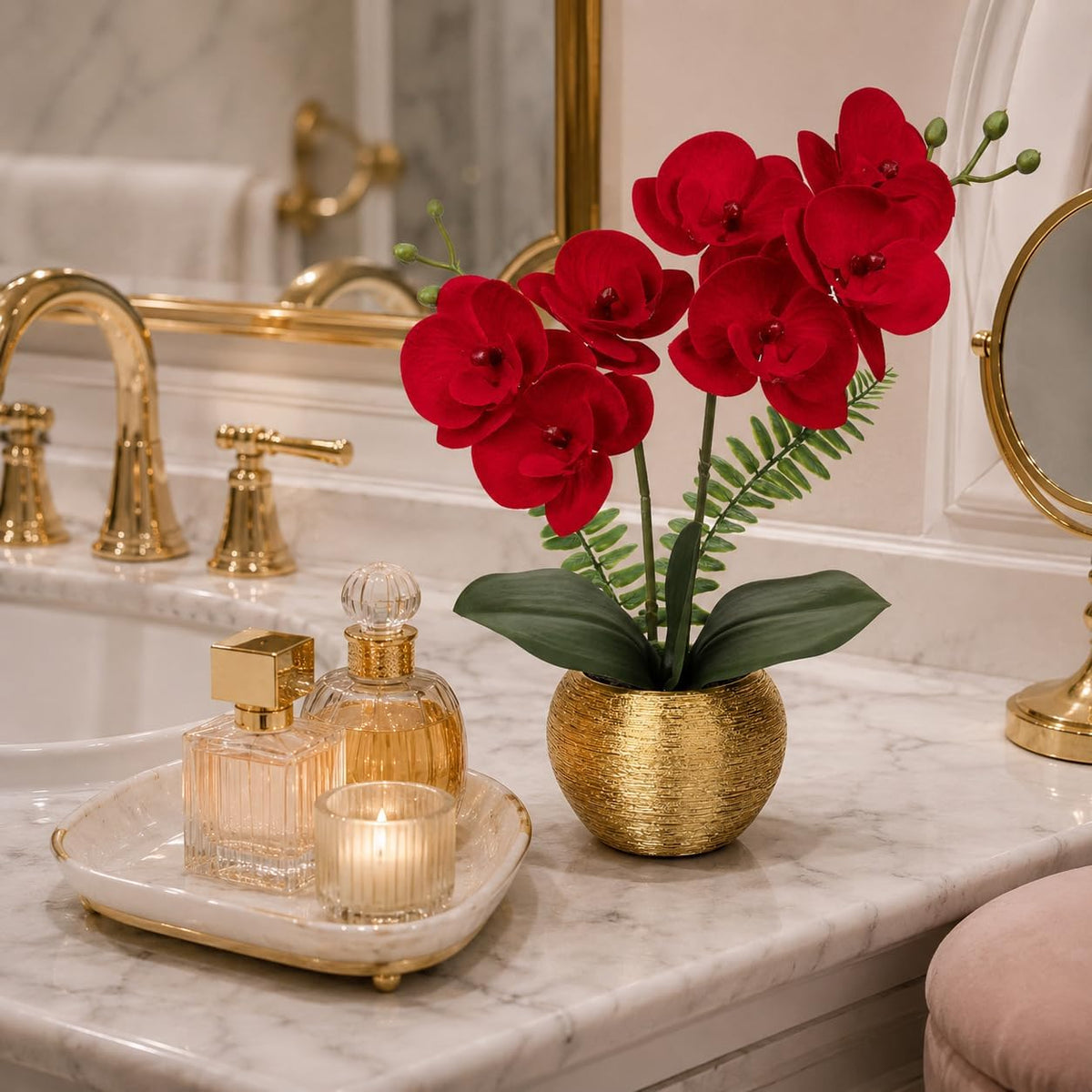 Artificial Orchid Flowers in Gold Ceramic Pot, 13" Small White Faux Phalaenopsis Orchid Floral Arrangement Fake Silk Orchid for Bathroom Vanity Office Desk Shelf Nightstand Home Table Decor