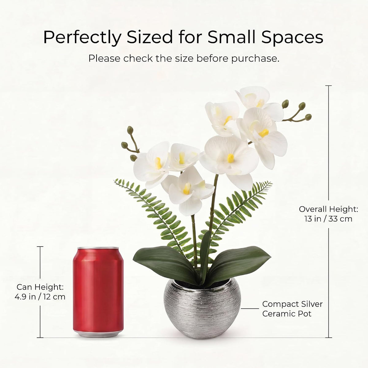 Artificial Orchid Flowers in Gold Ceramic Pot, 13" Small White Faux Phalaenopsis Orchid Floral Arrangement Fake Silk Orchid for Bathroom Vanity Office Desk Shelf Nightstand Home Table Decor