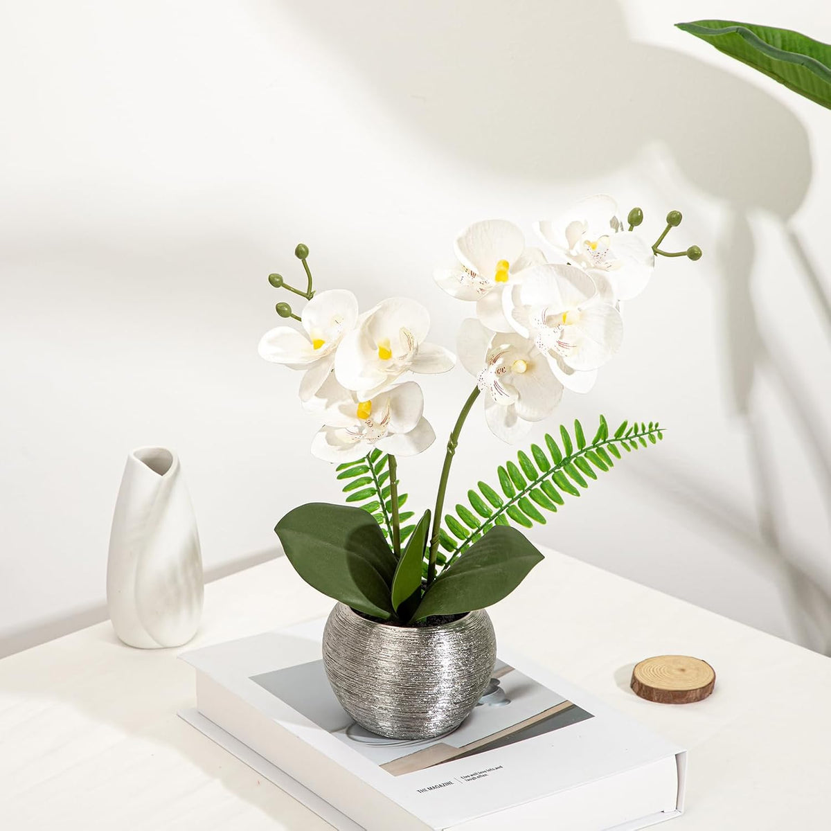 Artificial Orchid Flowers in Gold Ceramic Pot, 13" Small White Faux Phalaenopsis Orchid Floral Arrangement Fake Silk Orchid for Bathroom Vanity Office Desk Shelf Nightstand Home Table Decor